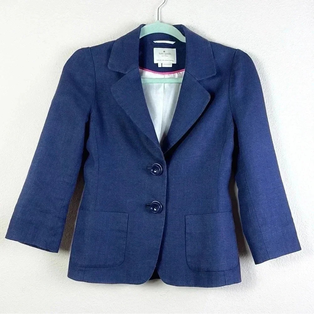 Kate Spade Cropped Two Button & Pocket Blazer Jacket French Navy Blue Sz 2
